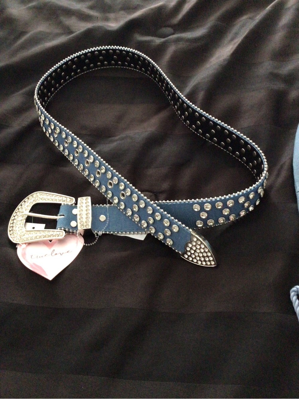 Studded Blue Women's Belt with Decorative Rhinestone Buckle